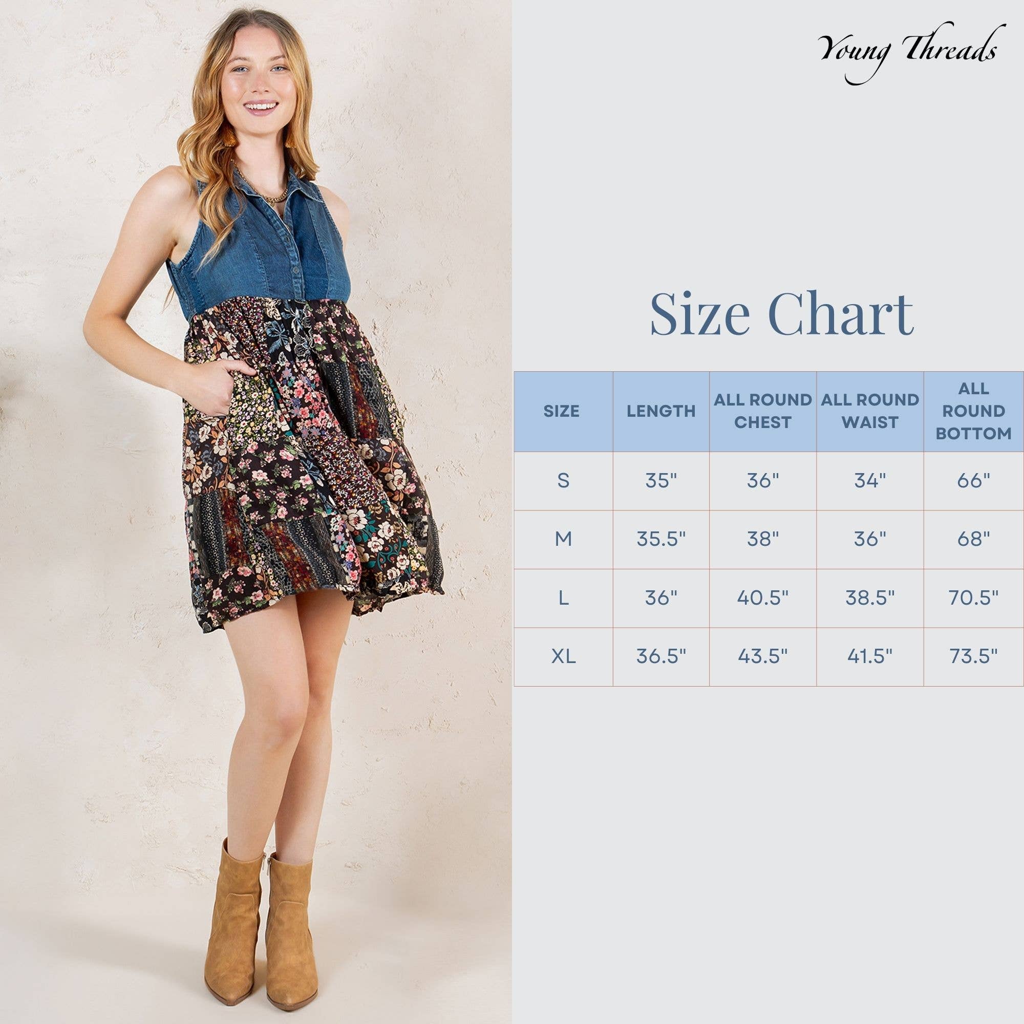 Young Threads - Rustic Summer Denim Short Dress with Print Patches