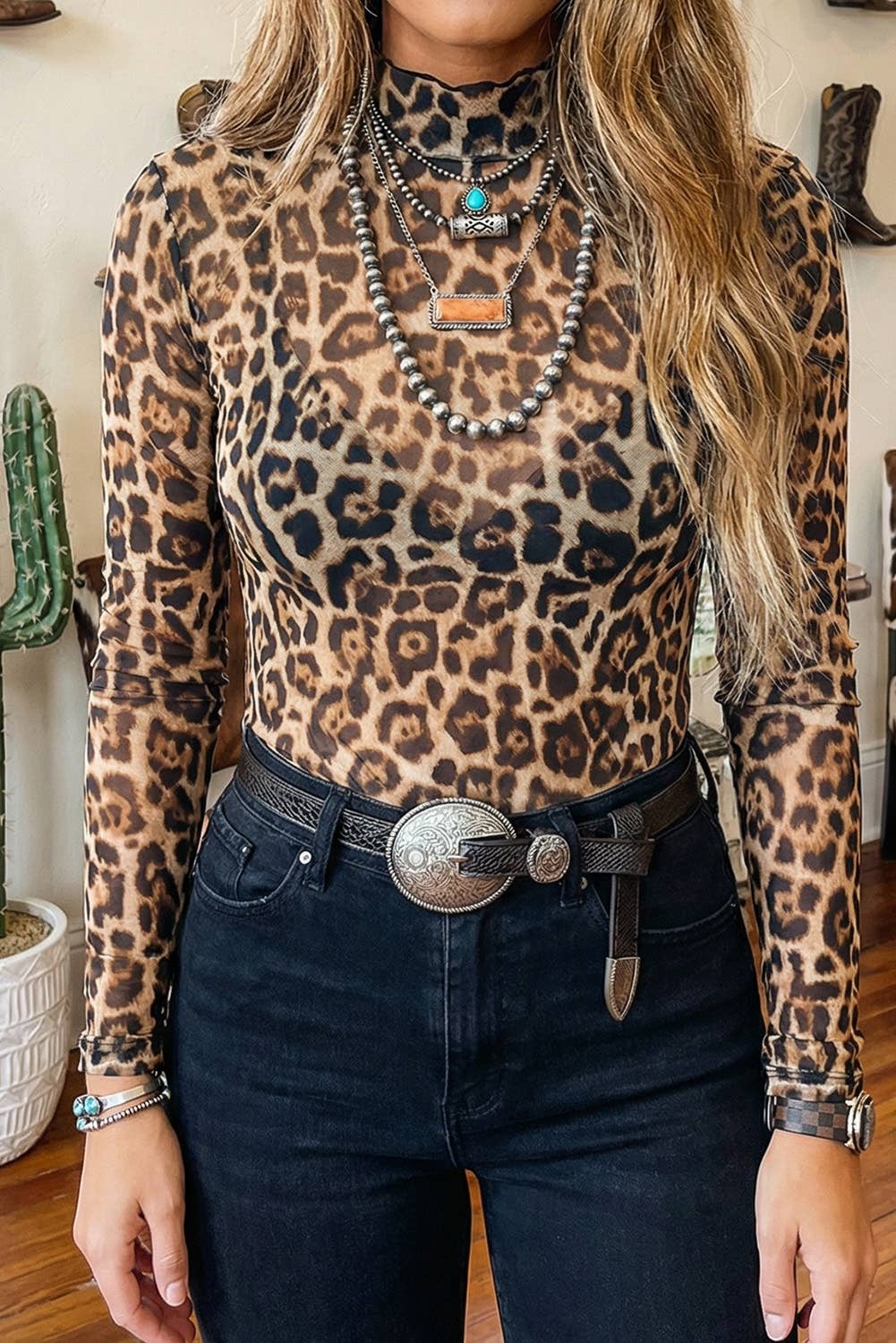 Little Daisy Closet - LDC Leopard Slim Fit Floral Mesh Long Sleeve Mock Neck Top