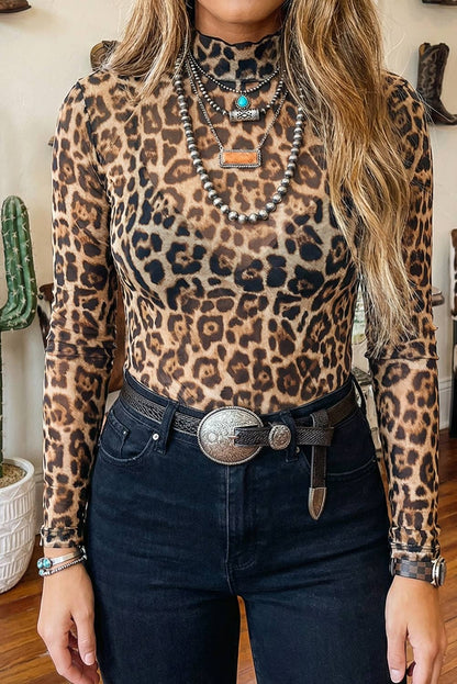 Little Daisy Closet - LDC Leopard Slim Fit Floral Mesh Long Sleeve Mock Neck Top