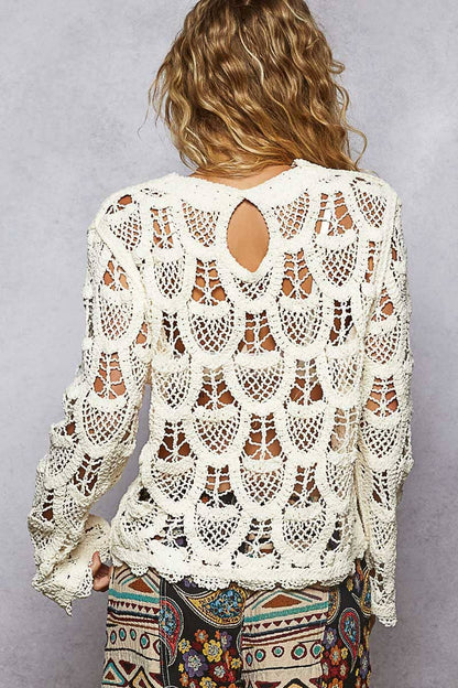 Pol Clothing - Round neck long sleeve solid crochet top