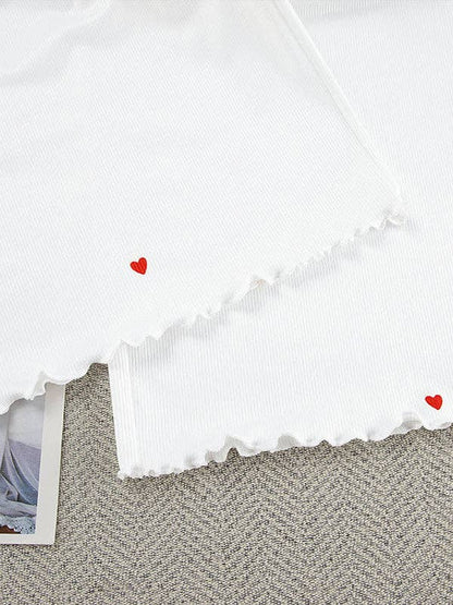 UZ Wholesale Store - High Waisted Long Sleeves Elasticity Heart Print See-Through Split-Joint Round-Neck Two Pieces Set