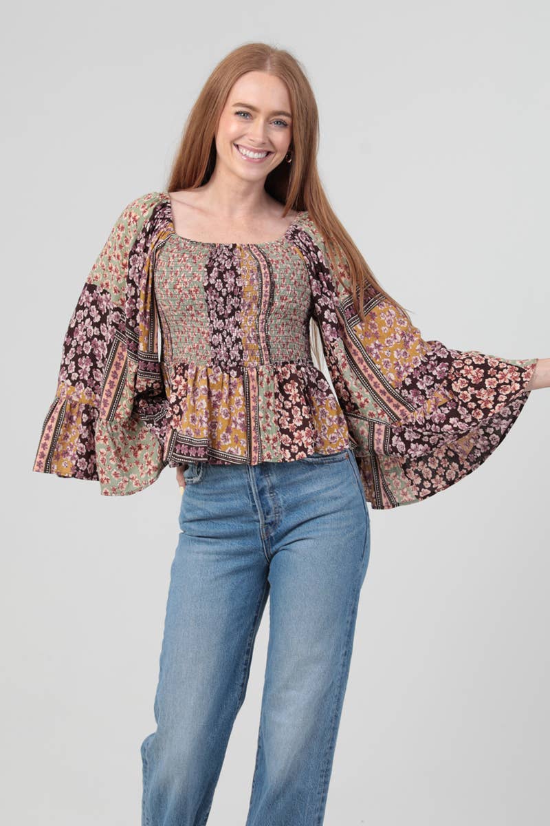 ANGIE - FULLY SMOCKED BODICE TOP WITH A WIDE SLEEVE