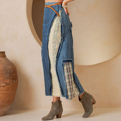 Young Threads - Western Boho Chic: Patch Inserted Denim Midi Skirt- New