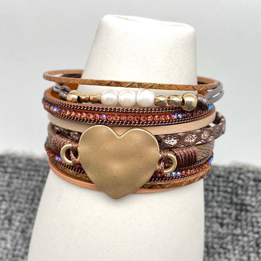 Mio Queena - LB - Heart Charm Multilayer Rhinestone Leather Boho Bracelet