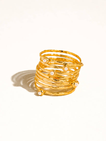 Flânerie by MAIQ - 18K Gold Vintage Multi-Band Pearl/CZ Ring