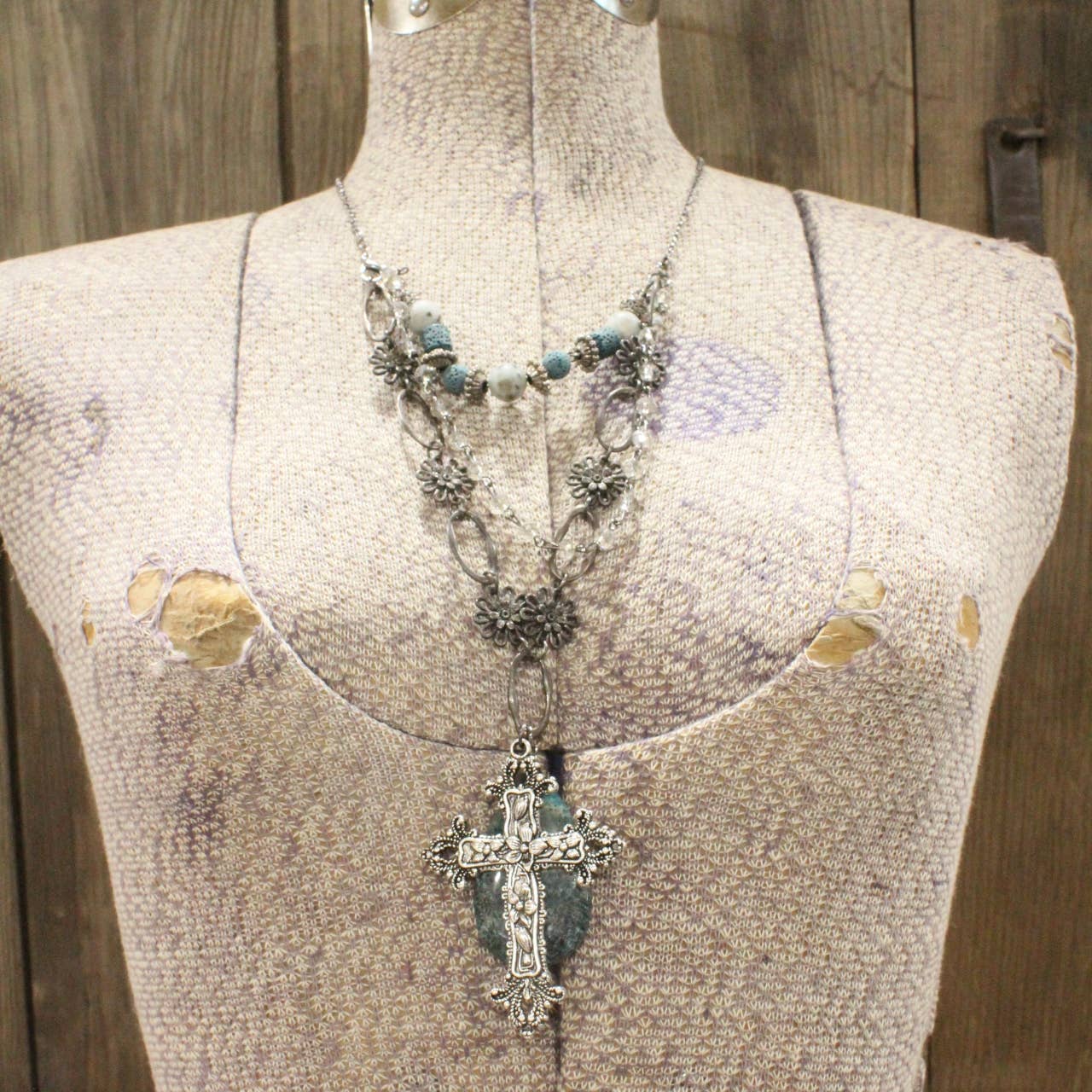 The Primitive Peddler, Inc. - Gunmetal &amp; Jade Stone Cross Layered Necklace
