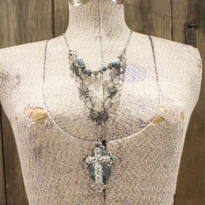 The Primitive Peddler, Inc. - Gunmetal &amp; Jade Stone Cross Layered Necklace