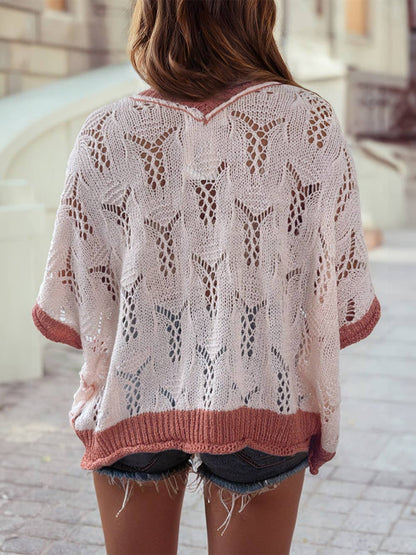 1 the Woman - Colorblock Edge Floral Embroider Half Sleeve Hollow Sweater