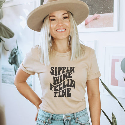 Trendznmore - Modern Graphic Apparel - Sippin Wine Feelin Fine Retro T-Shirt
