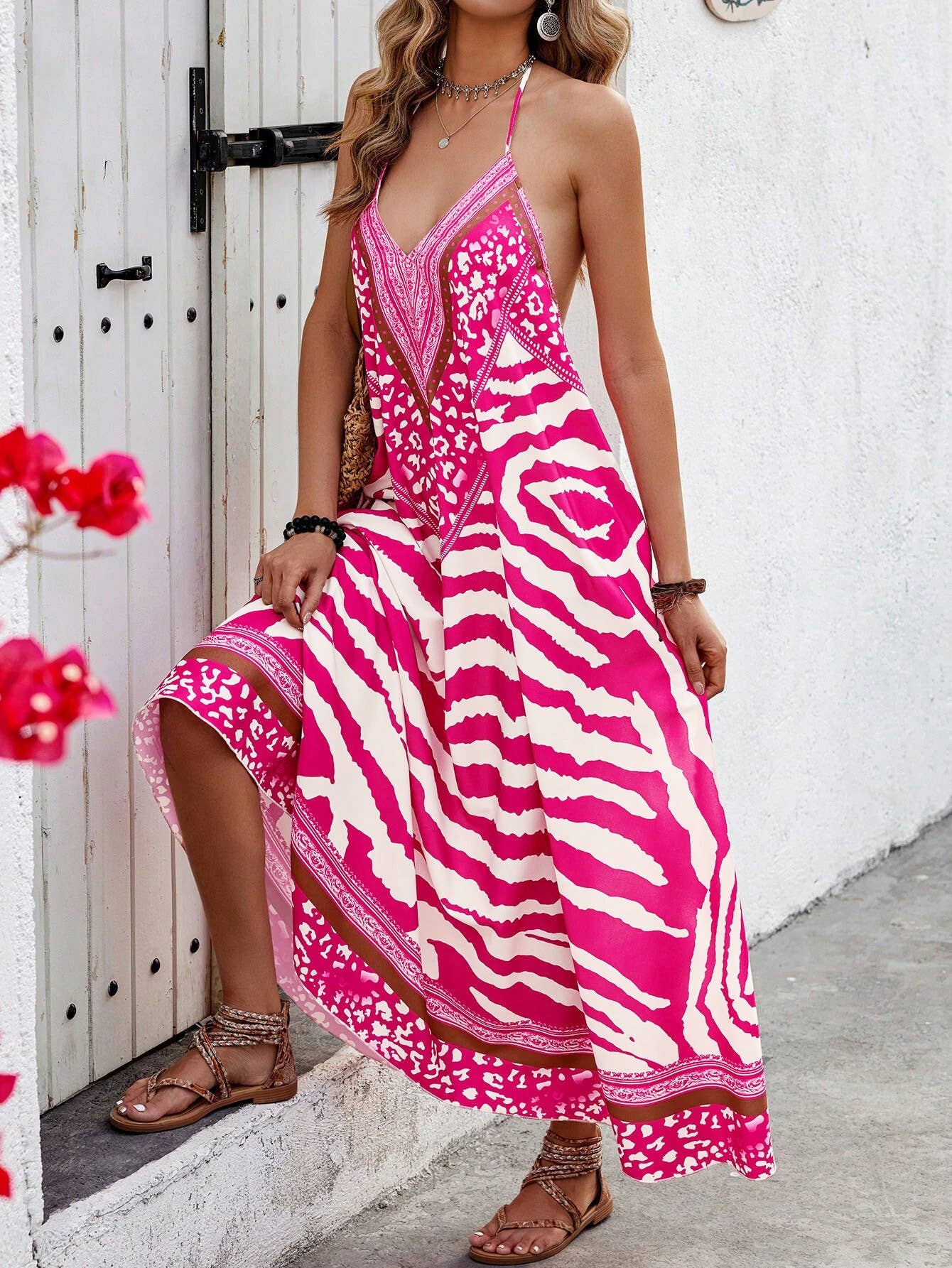 Anna Kaci Wholesale - V Neck Printed Spaghetti Strap A Line Maxi Dress
