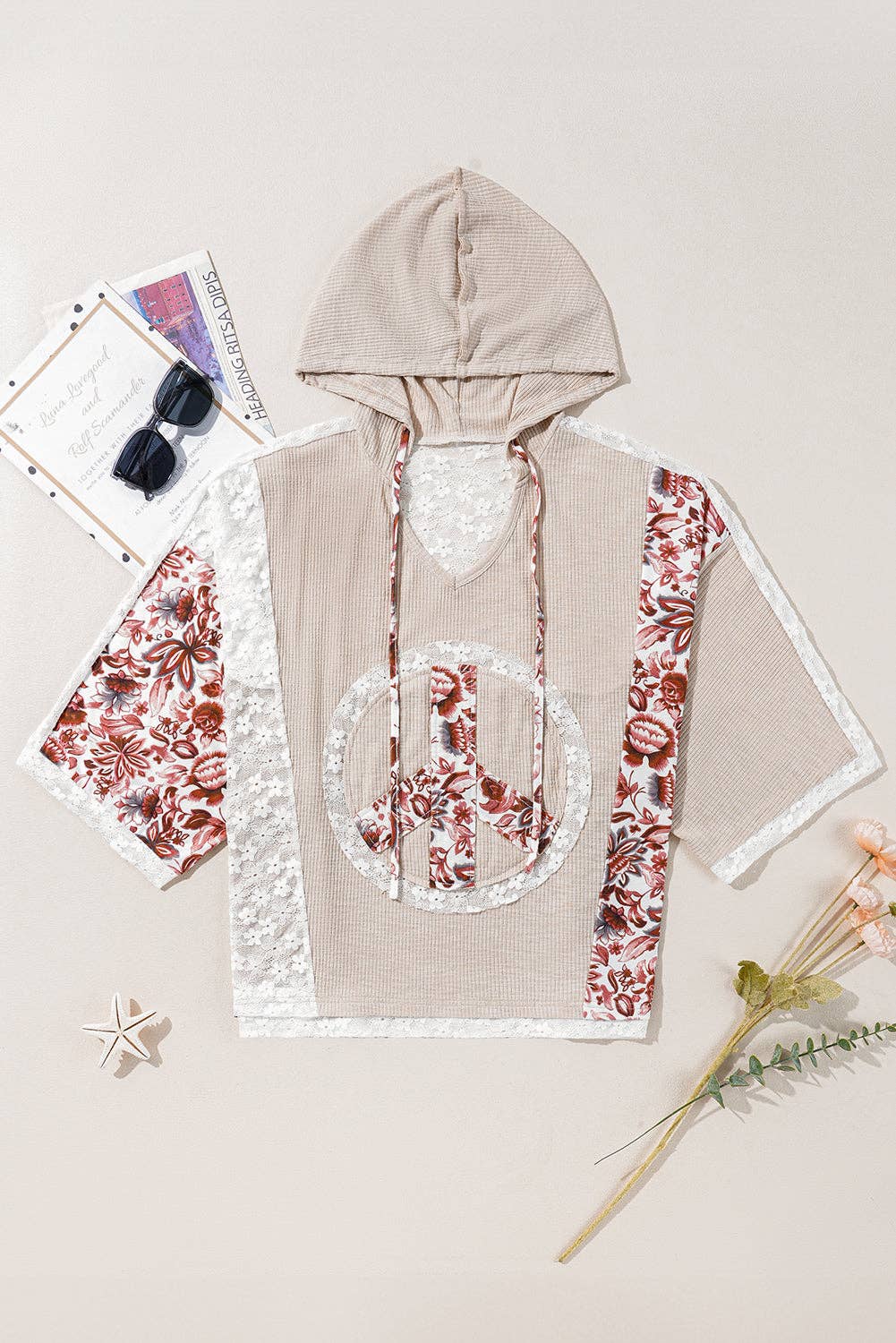Lovesoft - Floral Peace Sign Graphic Lace Patch Ribbed Plus Size Hooded Top