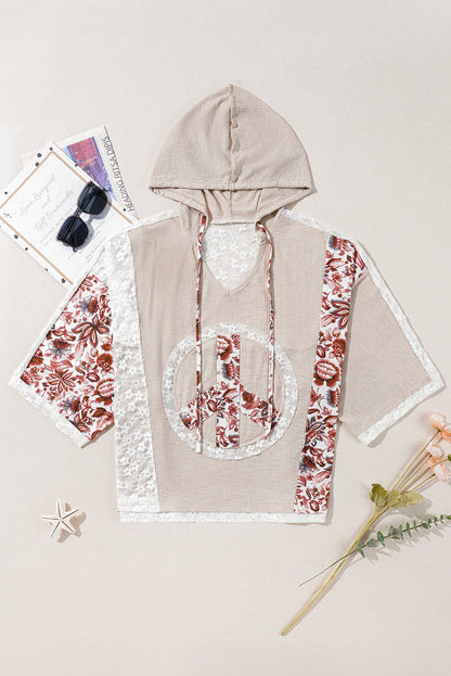 Lovesoft - Floral Peace Sign Graphic Lace Patch Ribbed Plus Size Hooded Top