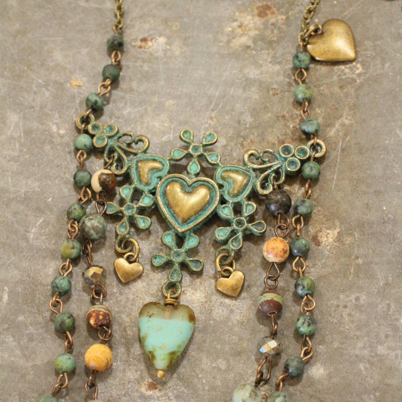 The Primitive Peddler, Inc. - Vintage Verdigris Bronze &amp; Czech Heart Layered Necklace