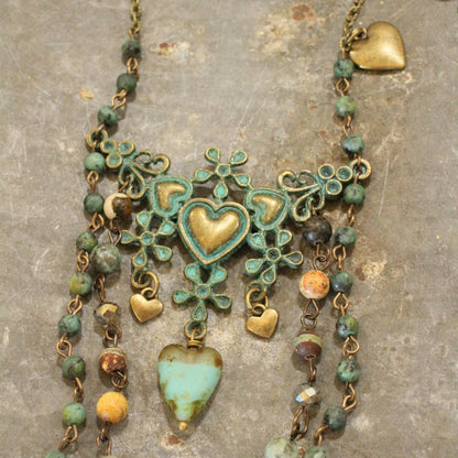 The Primitive Peddler, Inc. - Vintage Verdigris Bronze &amp; Czech Heart Layered Necklace