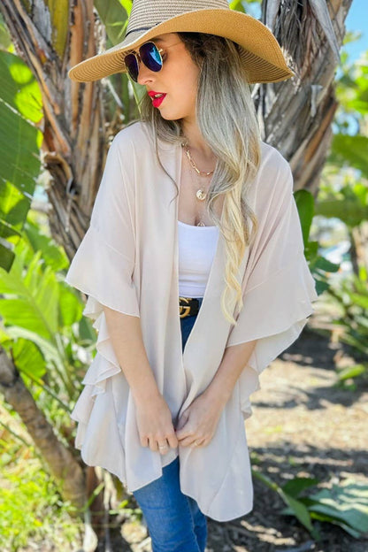 AMOLI - Beige Solid Chiffon Ruffled Sleeve Kimono Cover Up