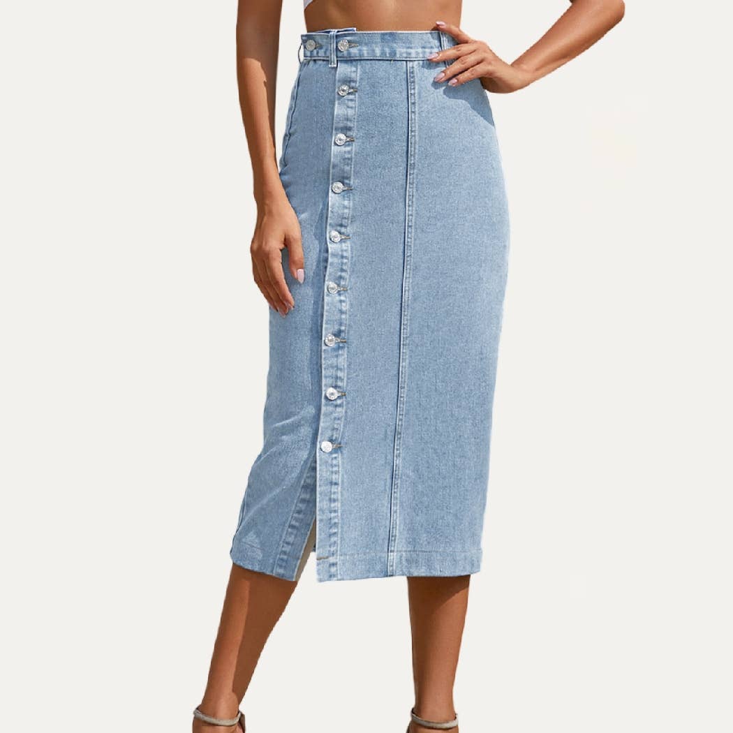The Moment Collection - Always Chic Buttons High-Rise Denim Midi Skirt
