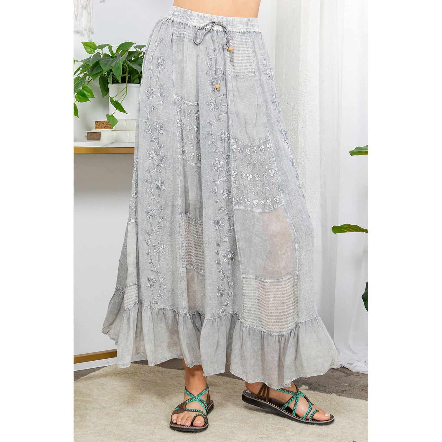 Young Threads - Gypsy Rhapsody: Textured Tiered Skirt With Aari Embroidery