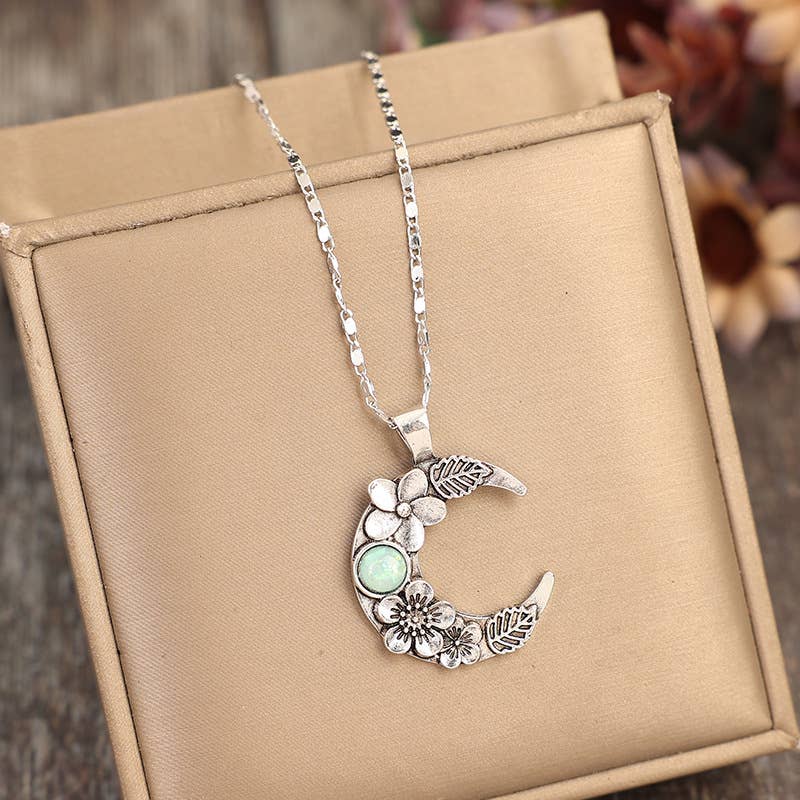 UNISHE - Bohemian Crescent Moon Floral Inlay Alloy Pendant