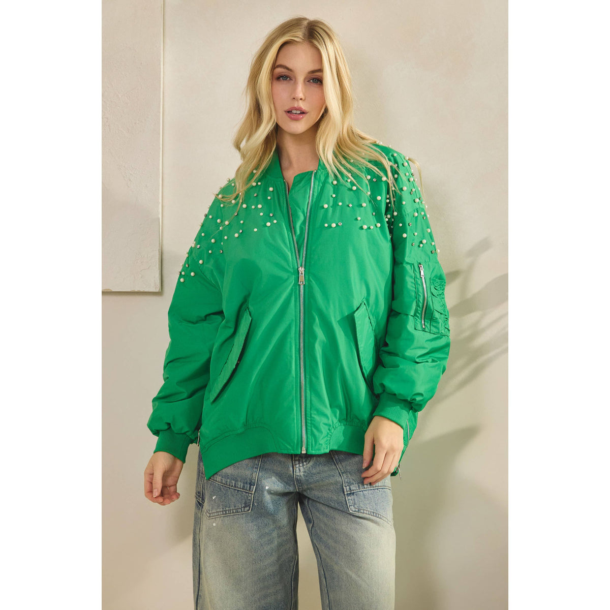 Veveret - Rhinestone Oversize Bomber Jacket