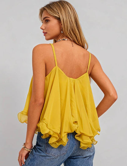 Sweetkama - Ladies Chiffon Square Neck Tiered Ruffle Cami Top