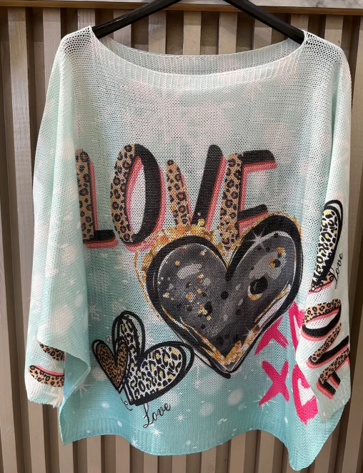 LOOWIE -  EULOVA Aqua LOVE Round Neck Knit Printed Sweater