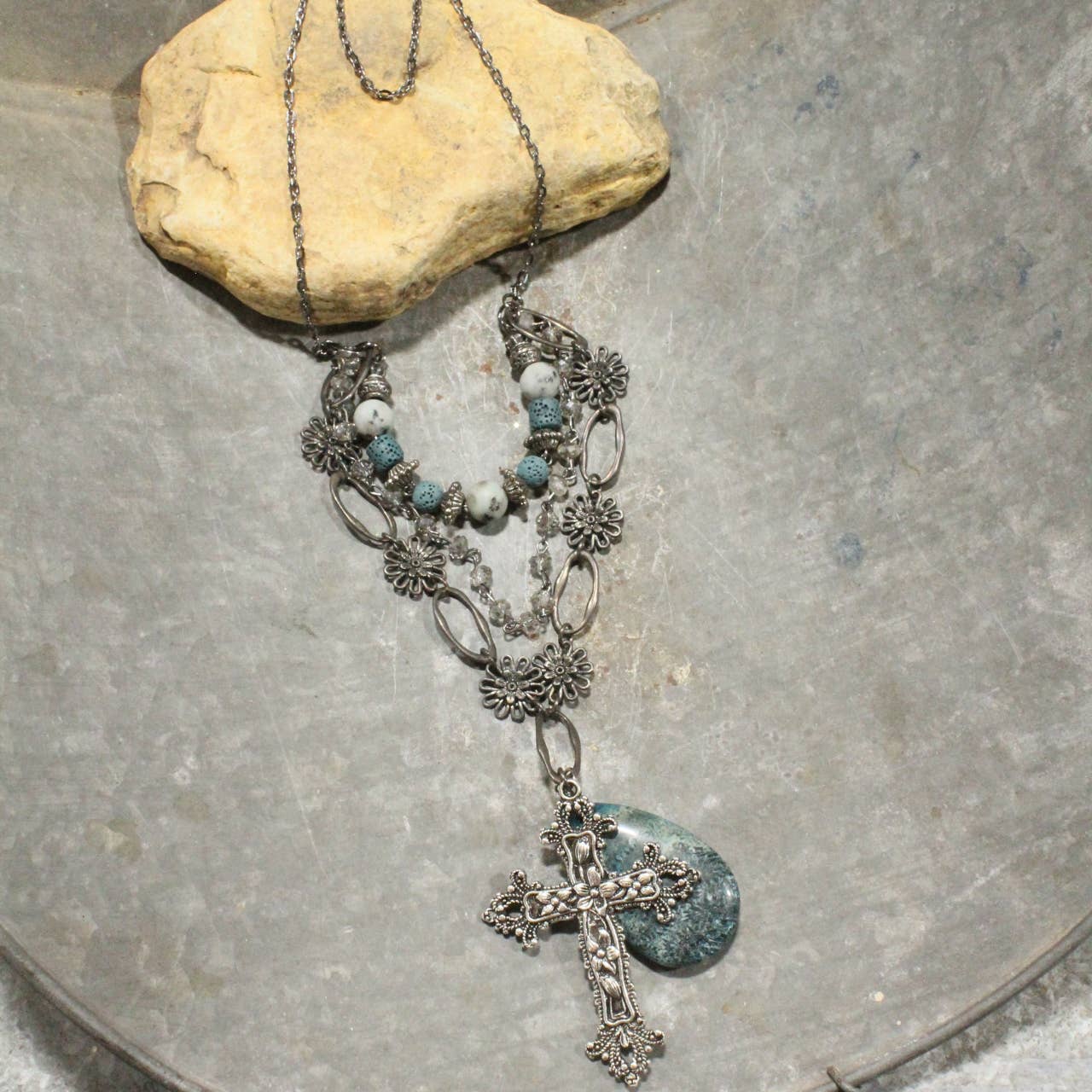 The Primitive Peddler, Inc. - Gunmetal &amp; Jade Stone Cross Layered Necklace