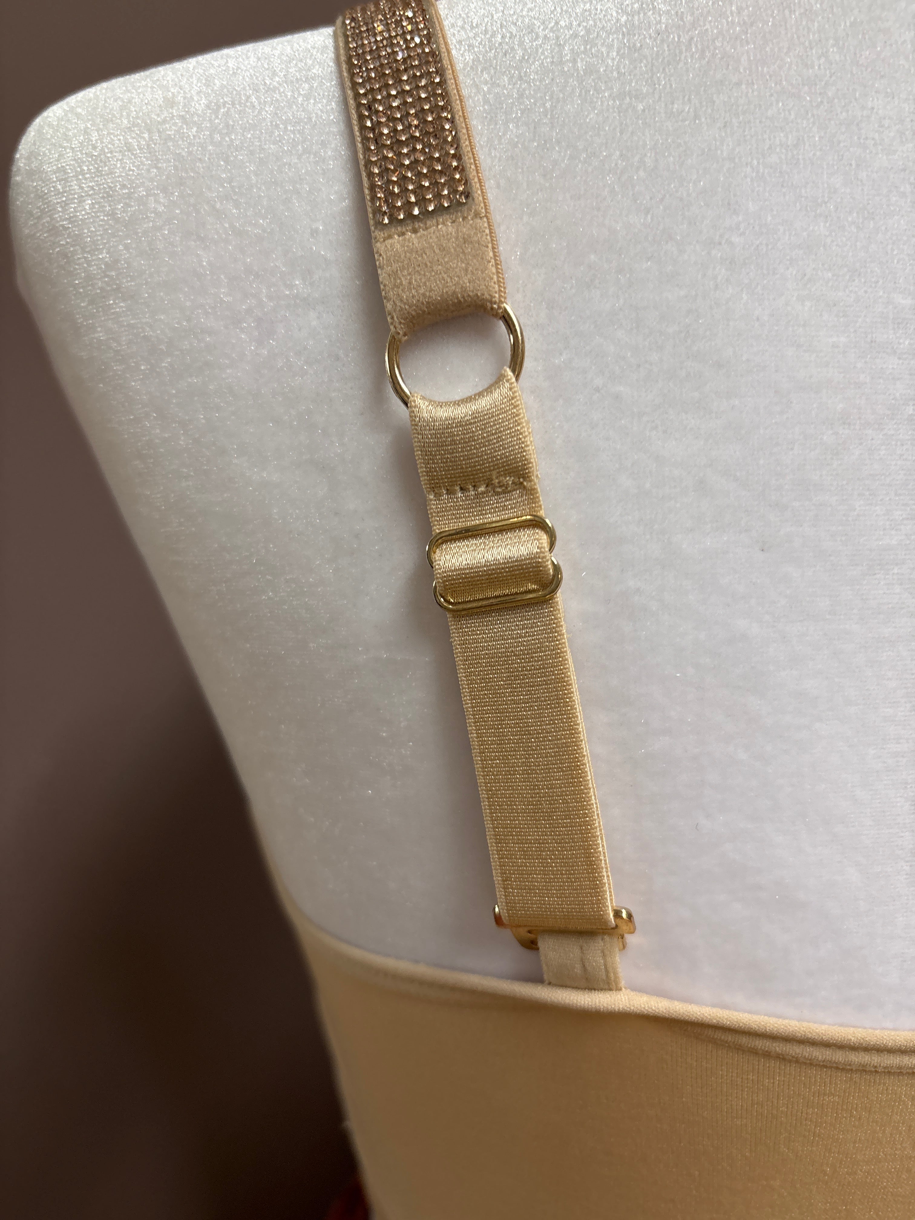 Strap-it’s- Nude plunge bra with rose gold rhinestones