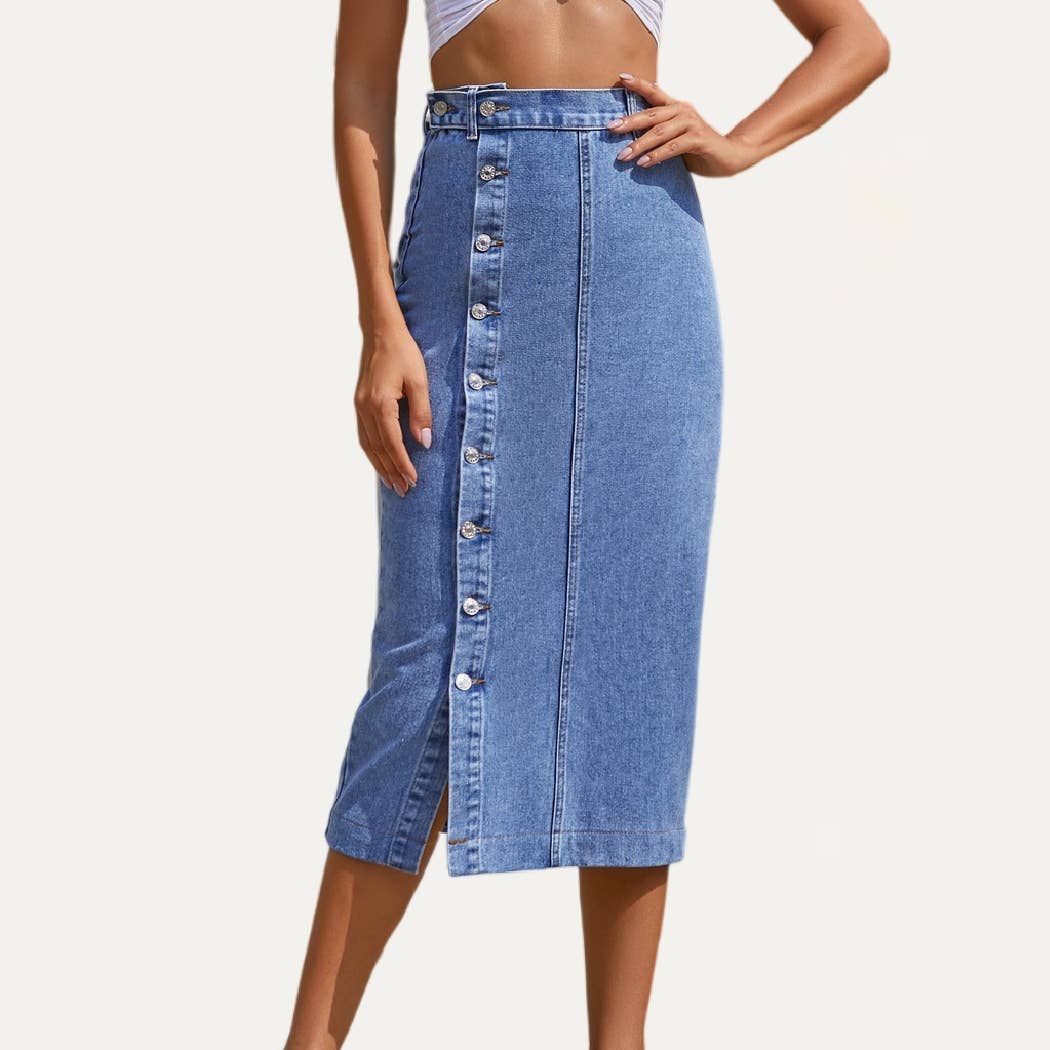 The Moment Collection - Always Chic Buttons High-Rise Denim Midi Skirt