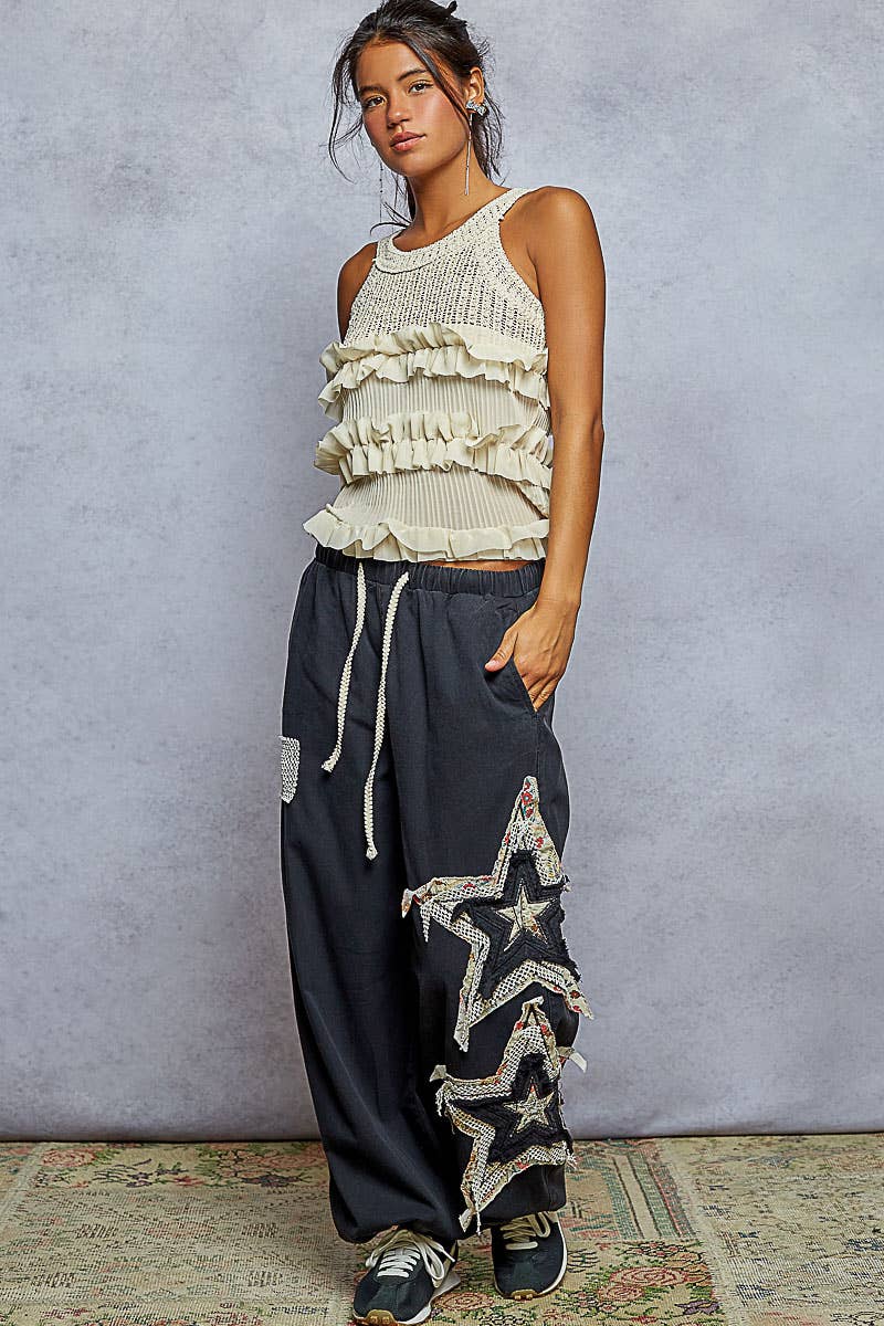 Pol Clothing - Round neck sleeveless ruffle detail crochet top