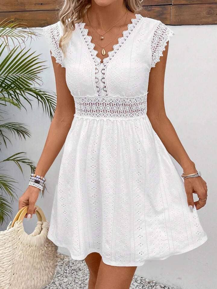 Anna Kaci Wholesale - Eyelet Lace V-Neck A-Line Dress