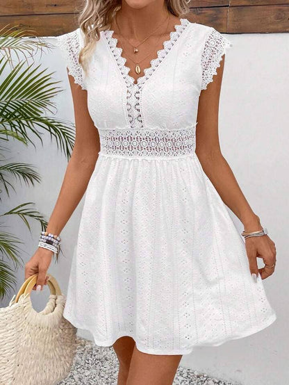 Anna Kaci Wholesale - Eyelet Lace V-Neck A-Line Dress