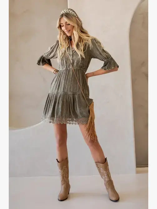 Young Threads - Stone-Washed Baby Doll Dress with V-Neck Boho Babe