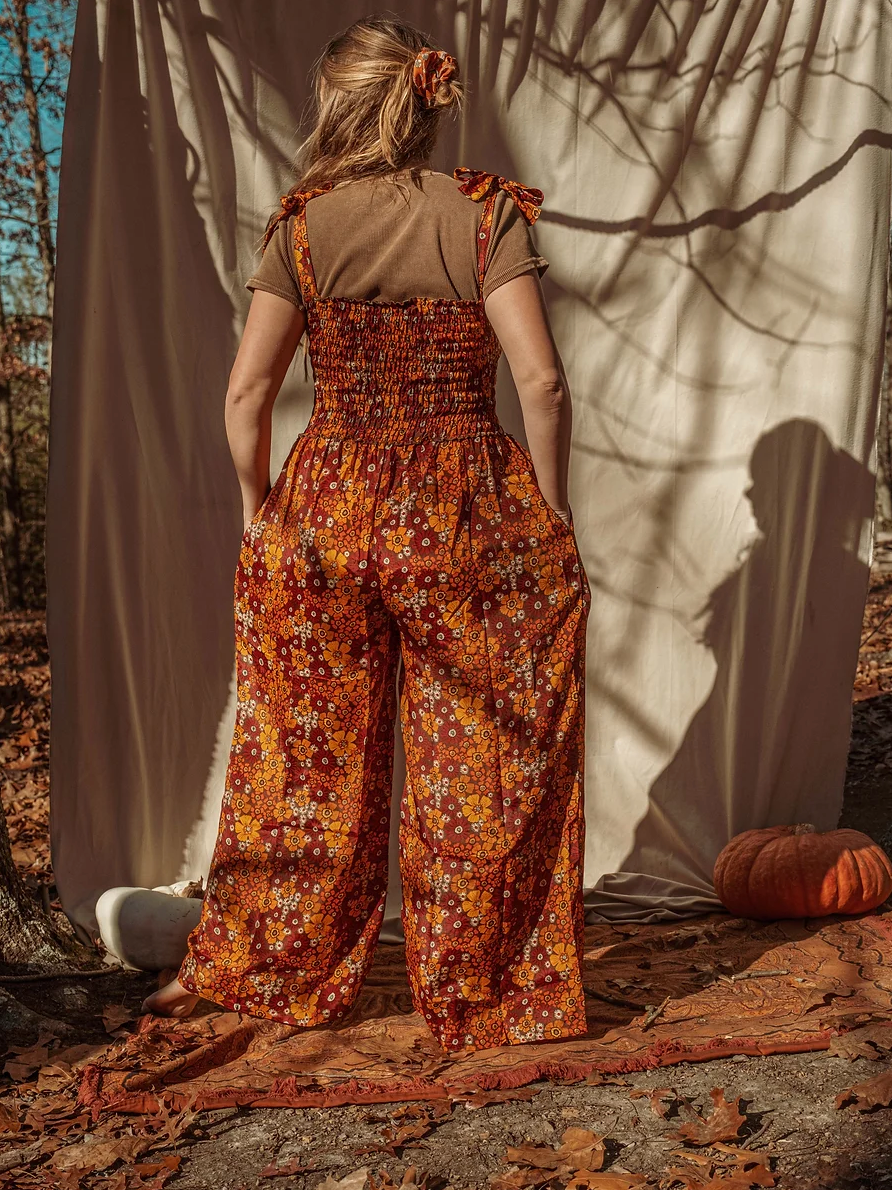 Gardenbelle Shop - Hippie Boho Smocked Shoulder Tie Jumpsuit, 2-in-1 Pants