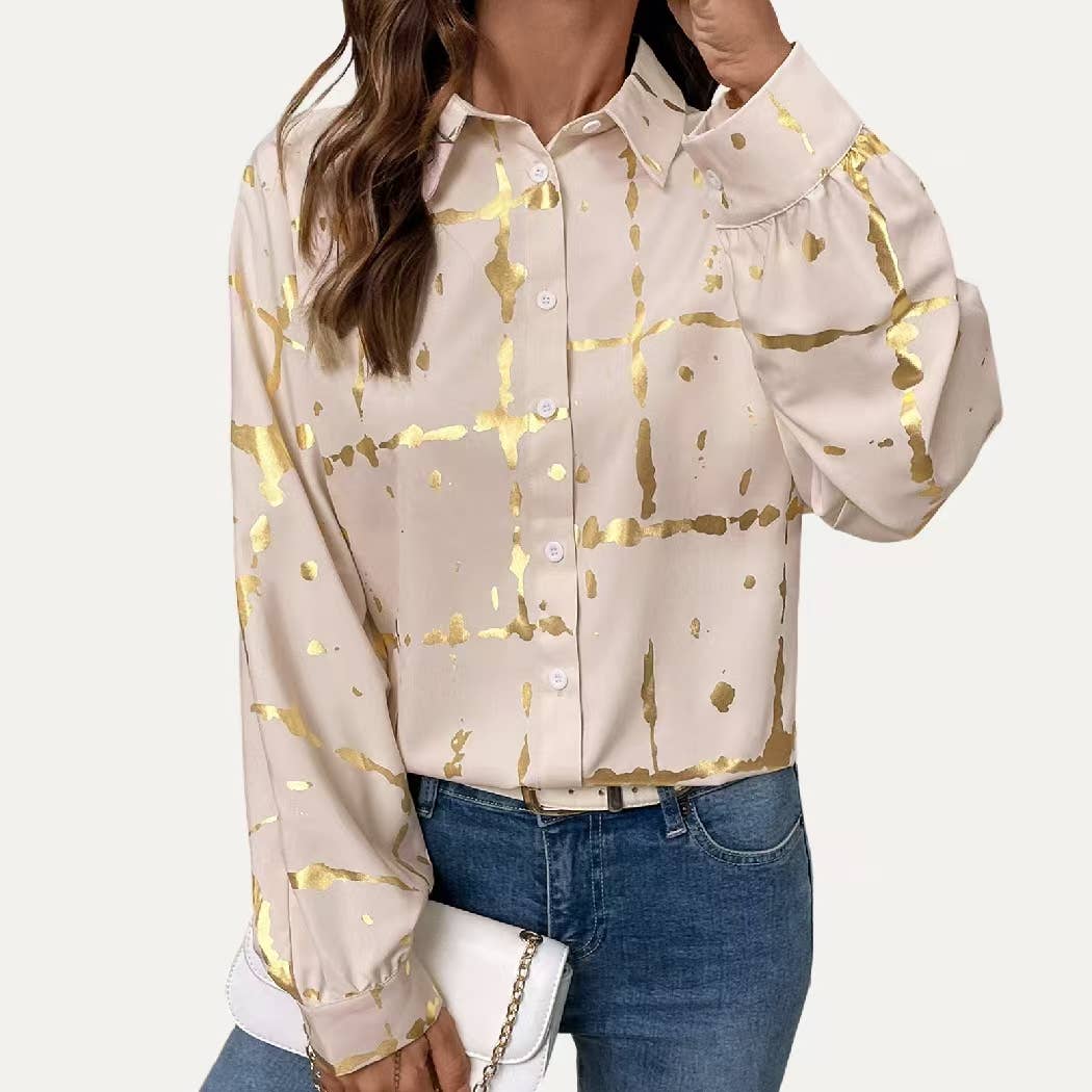 The Moment Collection - Light Khaki Metallic Gold Pattern Collared Butto-Up  Shirt