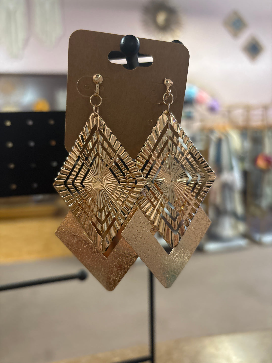 OhHeyBec--Clip on gold diamond shaped dangle earrings