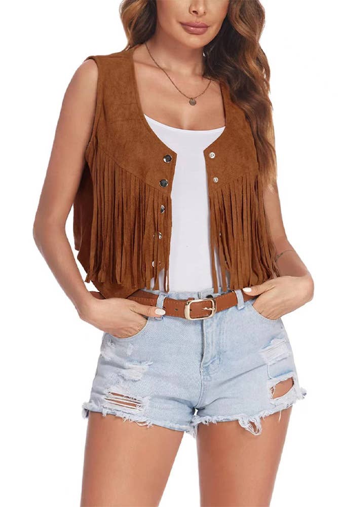UNISHE - Summer Tops Plain Suede Snap Button Tassel Vest