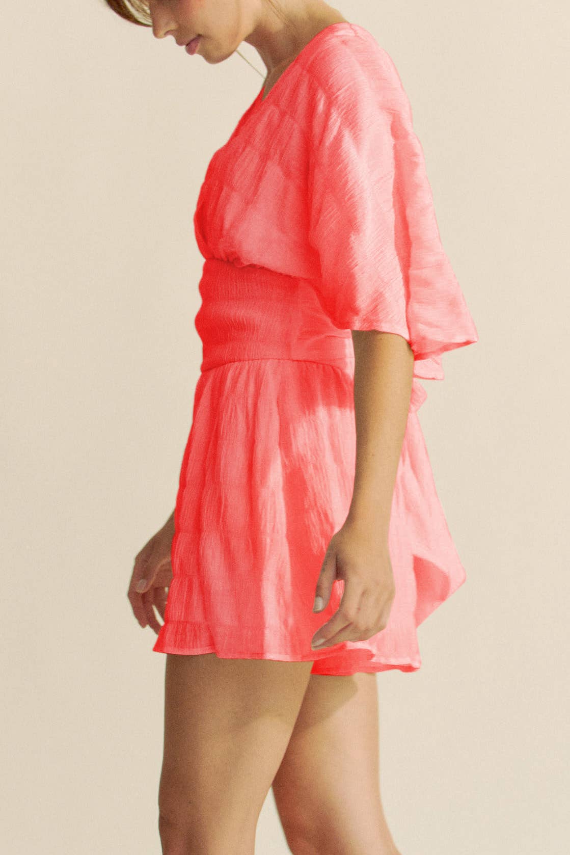 Davi &amp; Dani - BATWING SLEEVES SNAPE BUTTON UP WAISTBELT ROMPER