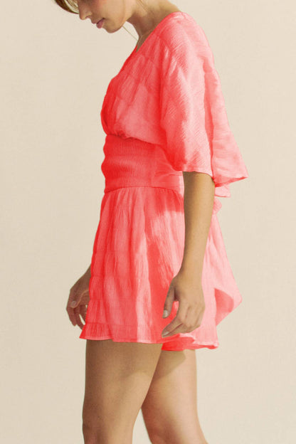 Davi &amp; Dani - BATWING SLEEVES SNAPE BUTTON UP WAISTBELT ROMPER