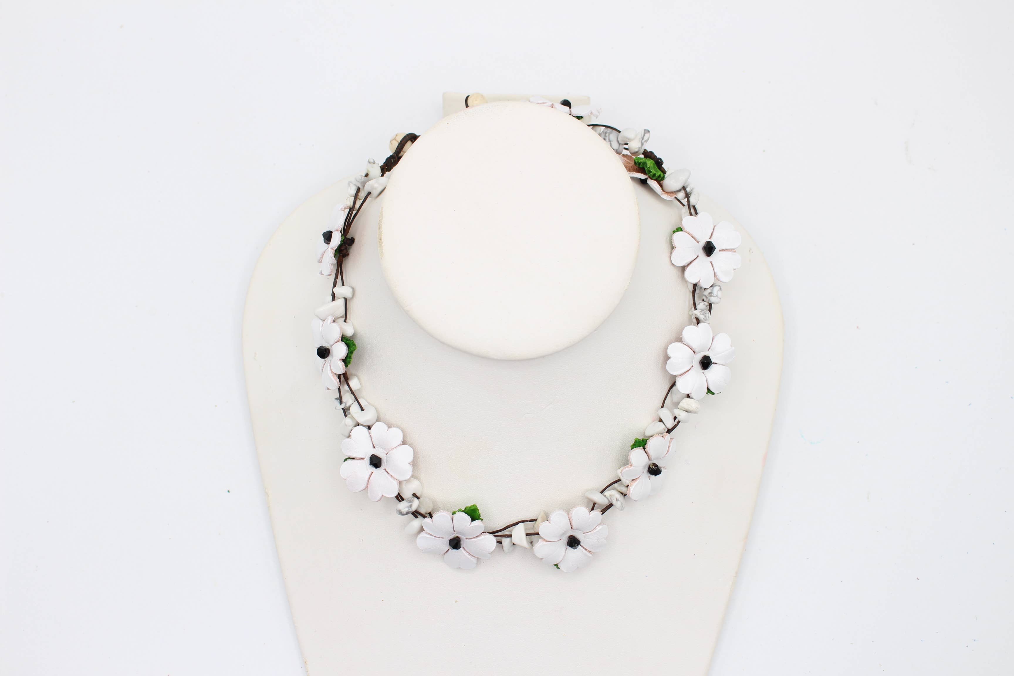  - Leather flower necklace with crystal stone choker