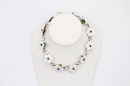  - Leather flower necklace with crystal stone choker