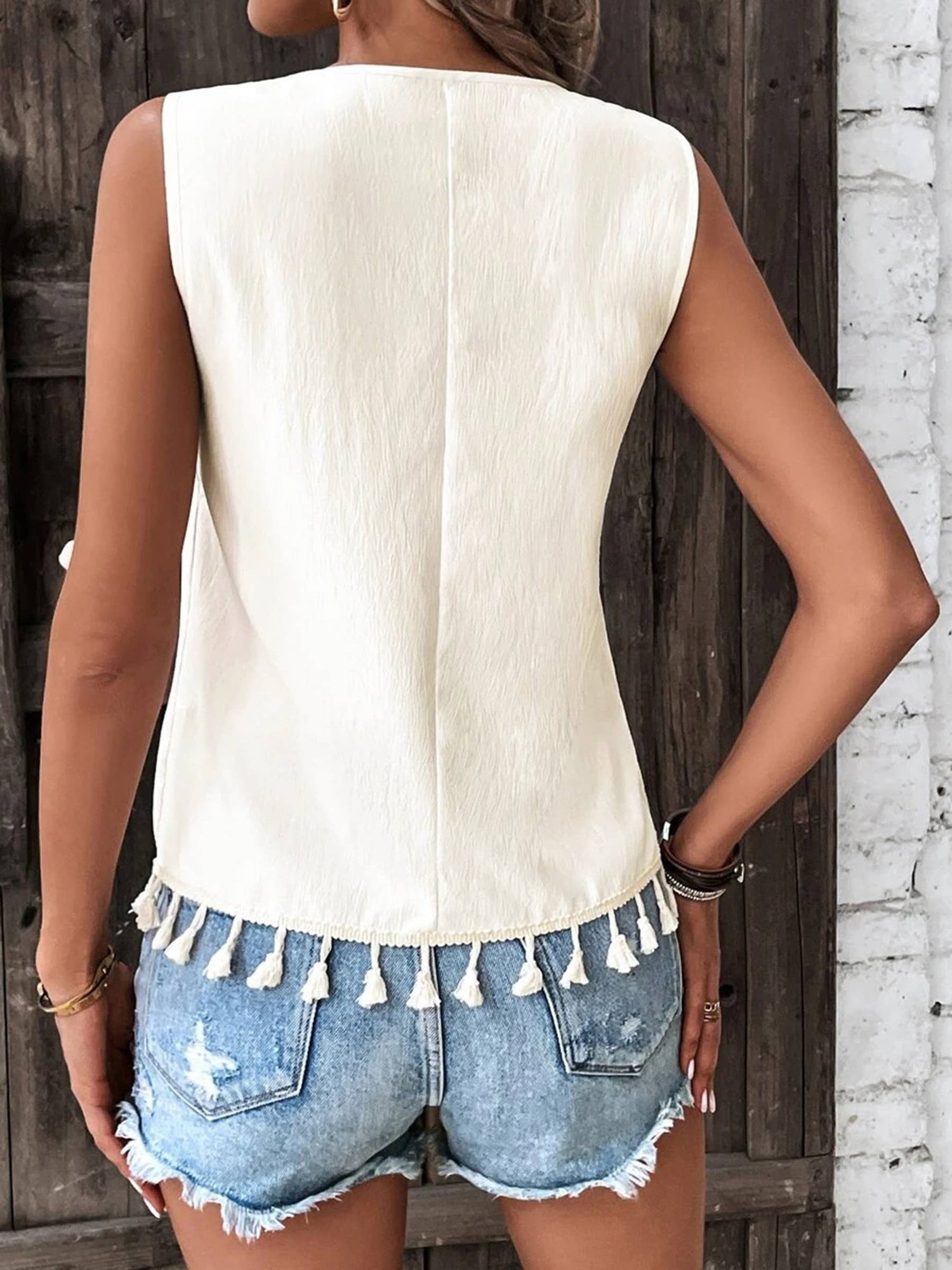 Wholesalesir - Tassel Trim V-Neck Tank Top Comfy Sleeveless