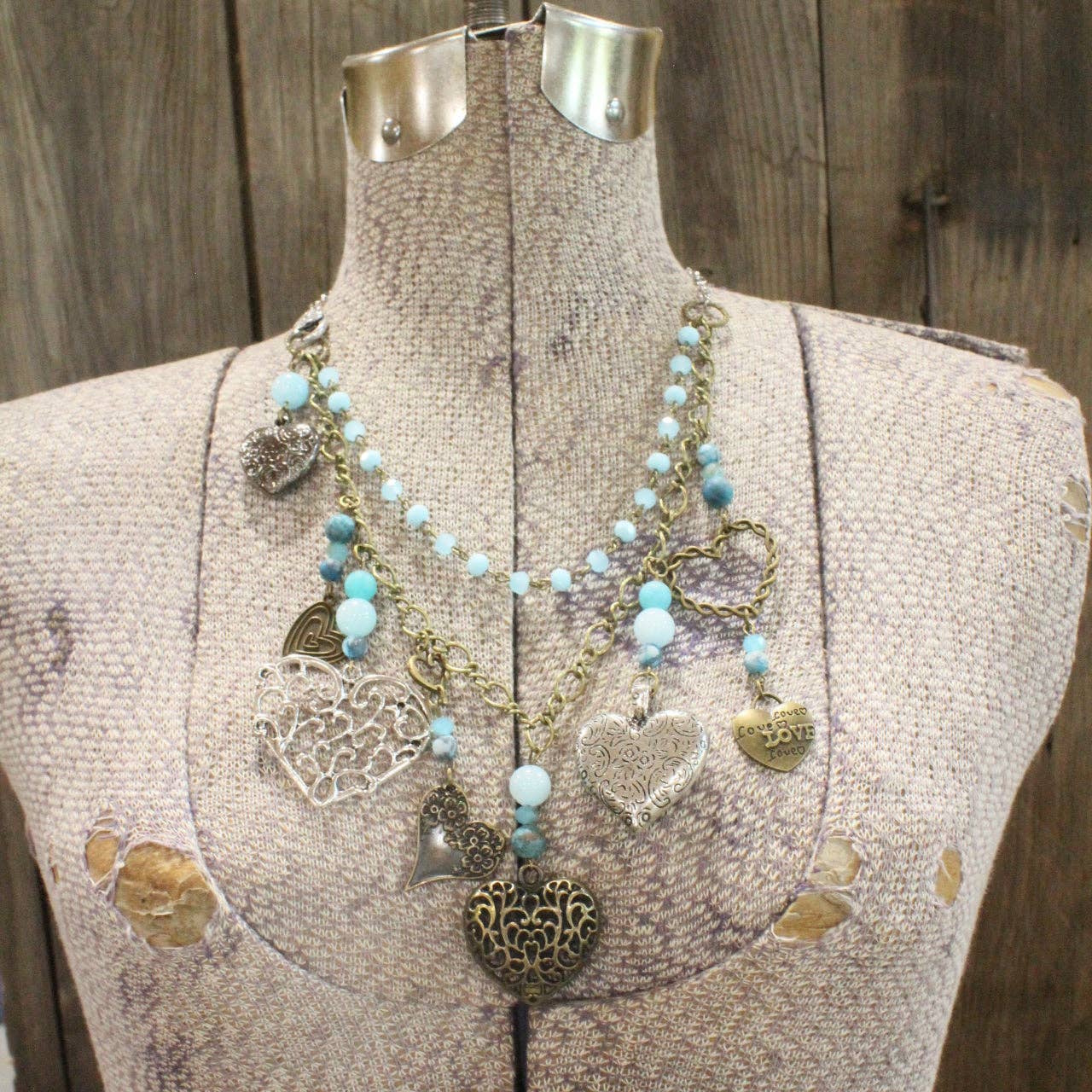 The Primitive Peddler, Inc. - Loads Of Love Czech Heart &amp; Mixed Metal Charmers Necklace