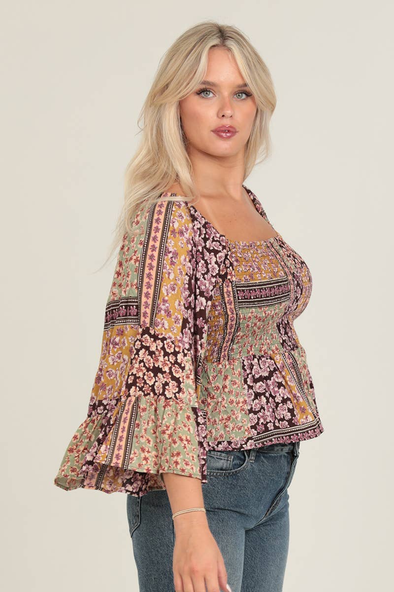 ANGIE - FULLY SMOCKED BODICE TOP WITH A WIDE SLEEVE