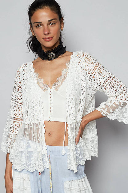 Pol Clothing - V-neck short sleeve crochet floral lace cardigan