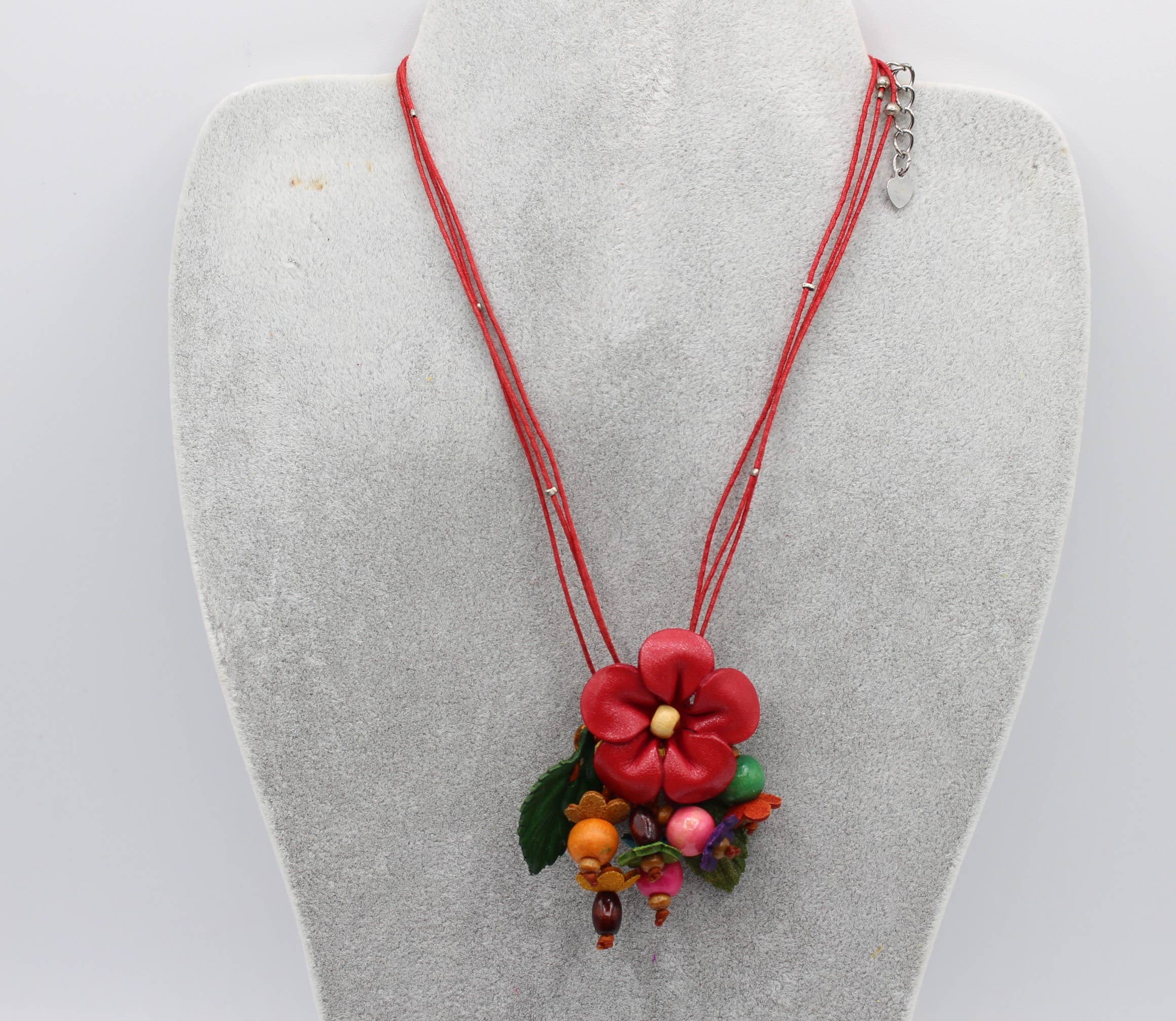 Leather flower necklace with wood beads