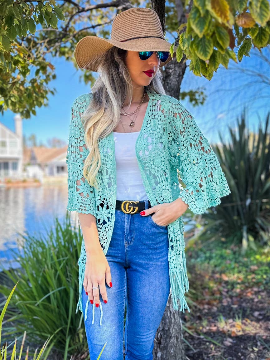 AMOLI - Sage Floral Crochet 3/4 Sleeve With Tassel Kimono