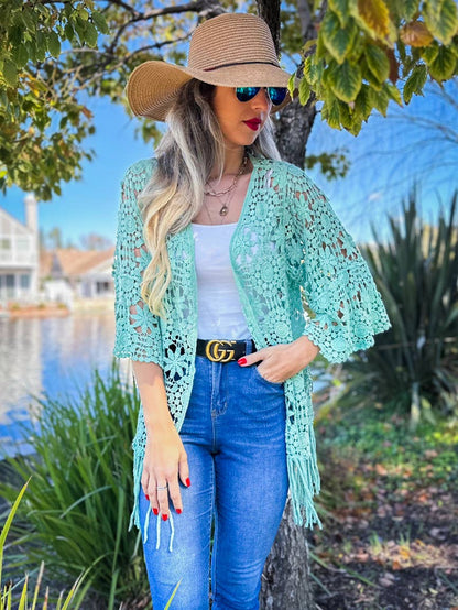 AMOLI - Sage Floral Crochet 3/4 Sleeve With Tassel Kimono