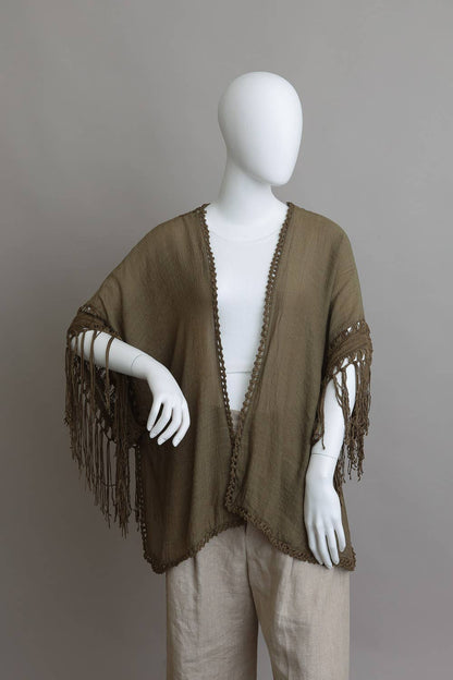 Leto Accessories - Festival-Ready Crochet Back Tasseled Kimono Jacket 