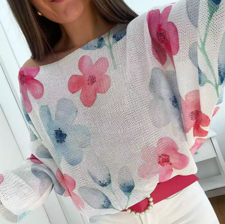LOOWIE - White Floral V-Neck Knit Printed Sweater