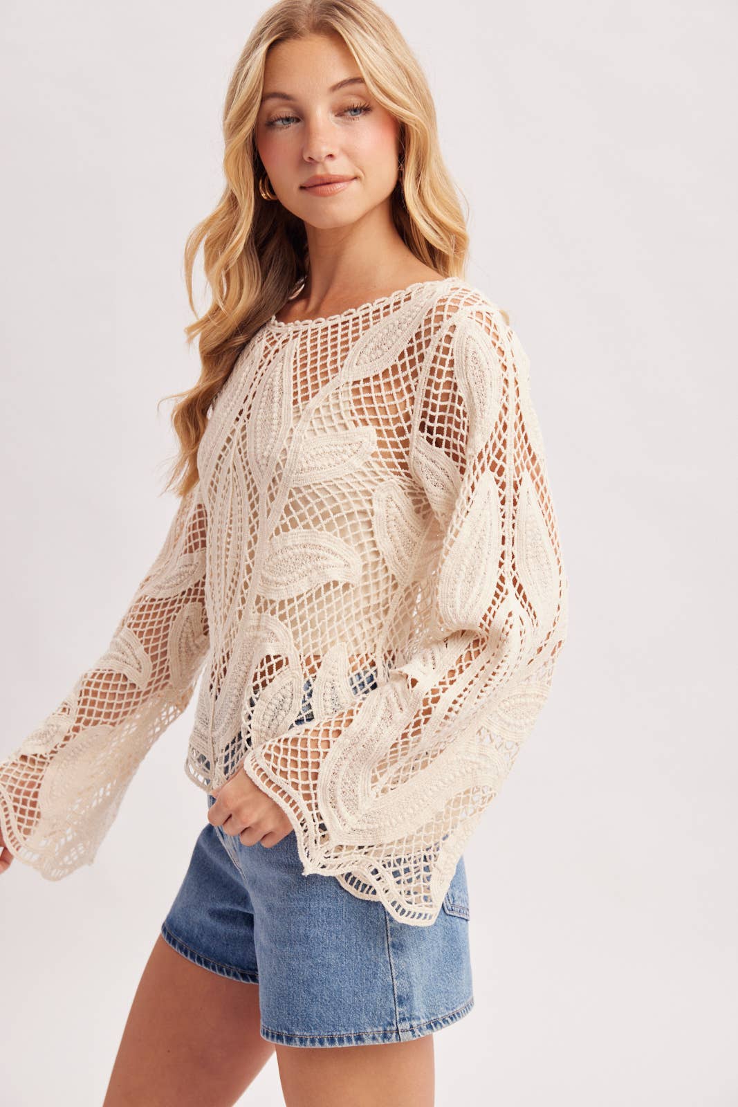 Bluivy - OPEN-WORK SCALLOPED HEM CROCHET TOP